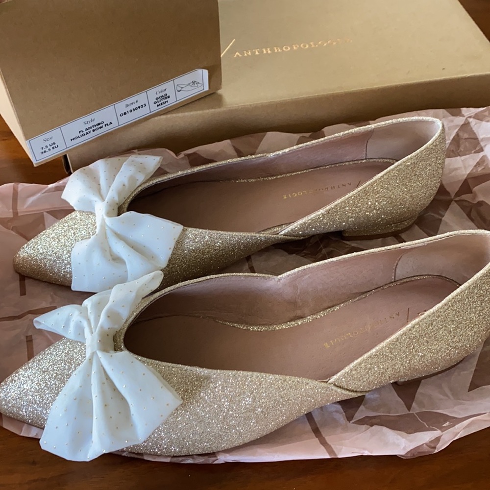 Anthropologie Gold Glitter Flats with Cream Bow - Picture 4 of 12